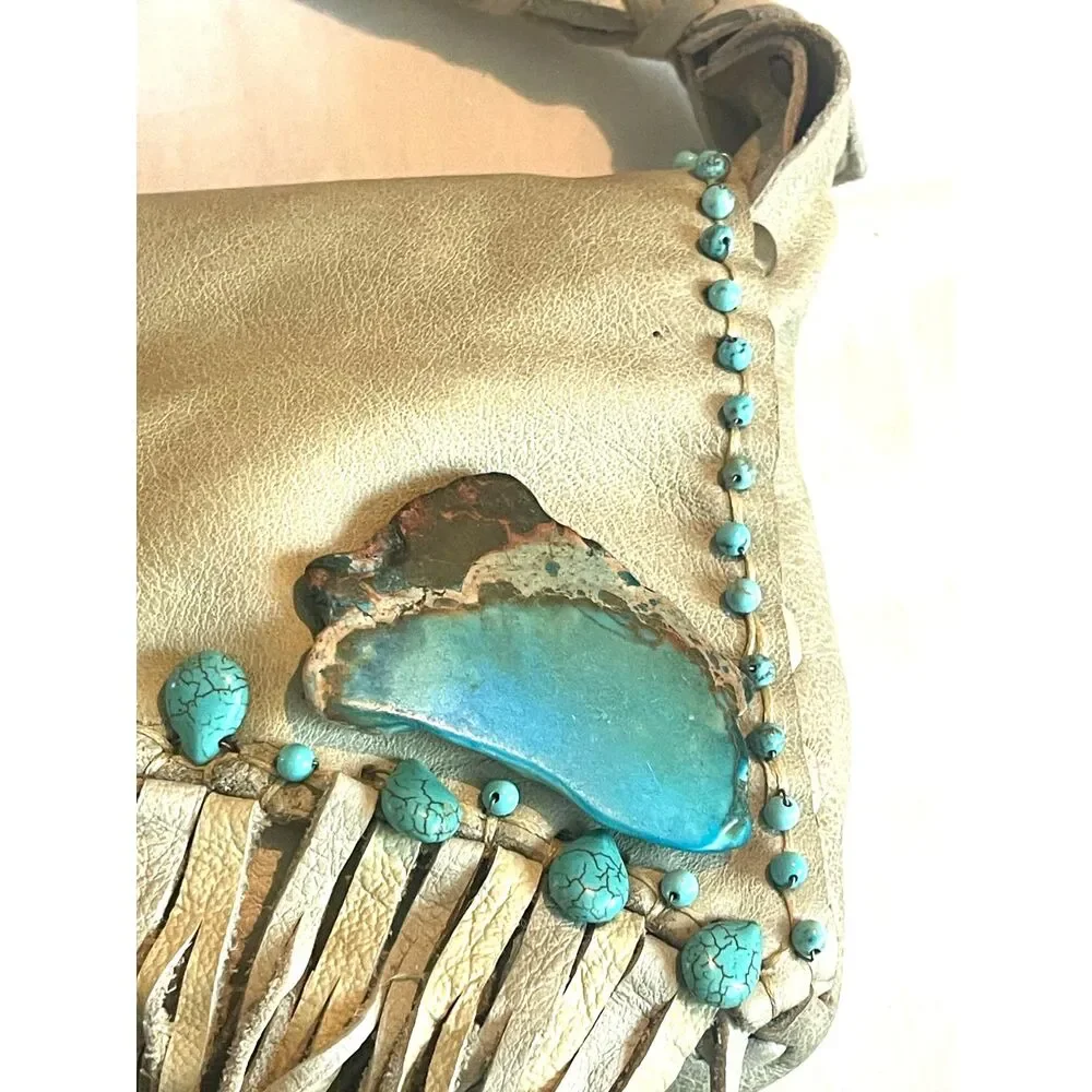 Vintage 1980s Fringe Buffalo Leather & Turquoise Shoulder Handmade Bag Boho